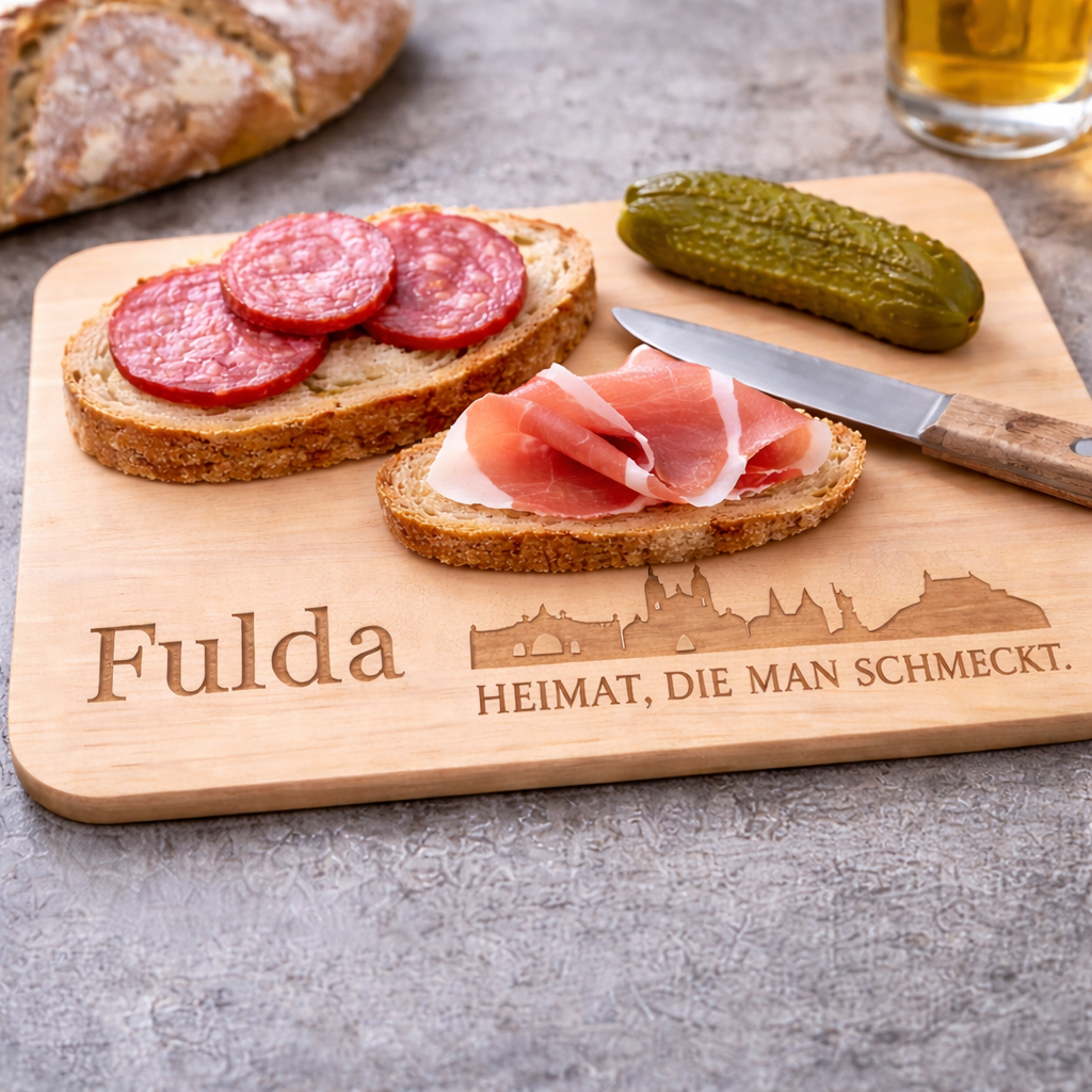 Graviertes Schneidebrett aus Holz mit Fulda Motiv – langlebiges Frühstücksbrettchen mit detailreicher Gravur