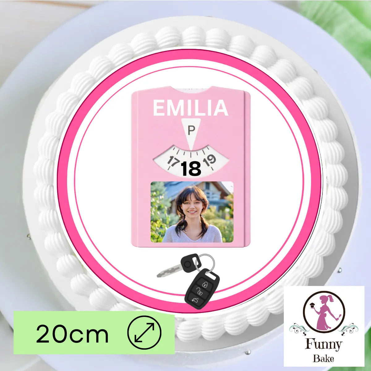 Tortenaufleger Volljährig – 18. Geburtstag Führerschein rosa mit Foto Funnybake-Backzubehör
