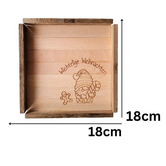 Holztablett 18x18 cm, naturbelassen mit Gravur Wichtelige Weihnachten, rustikaler Rahmen – Weihnachtsdeko“