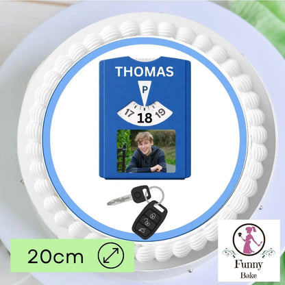 Tortenaufleger Volljährig – 18. Geburtstag Führerschein blau mit Foto Parkscheibe Funnybake-Backzubehör