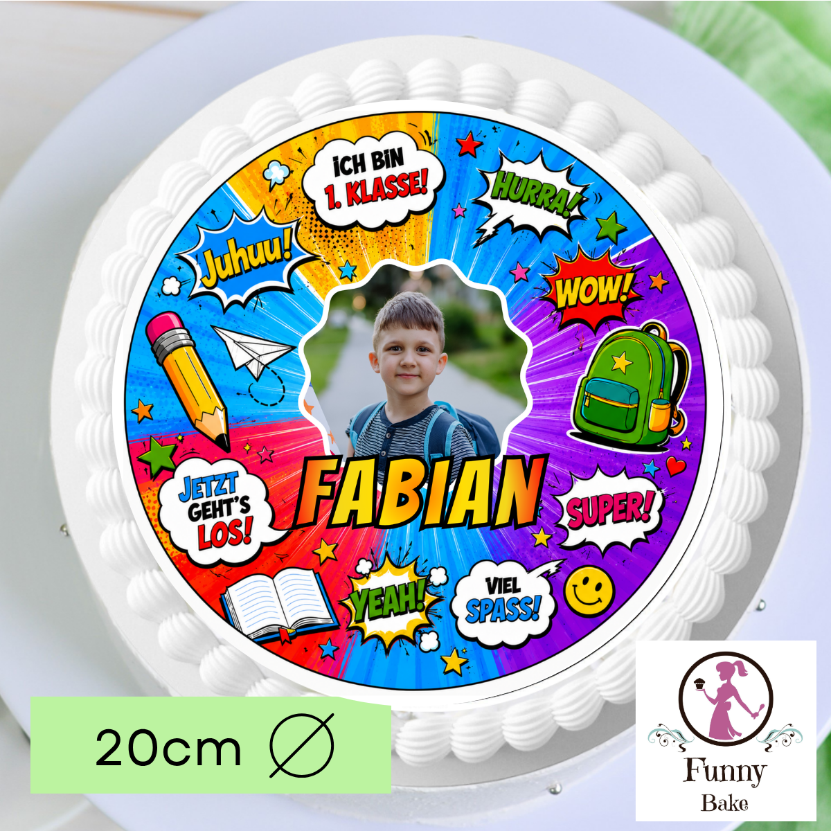 Tortenaufleger Einschulung personalisiert mit Foto & Name – Comic-Design, essbar, handgemacht