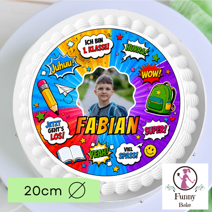 Tortenaufleger Einschulung personalisiert mit Foto & Name – Comic-Design, essbar, handgemacht