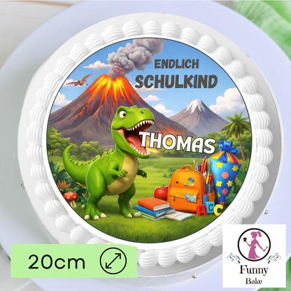 Tortenaufleger „Endlich Schulkind“ – Dino (T-rex) – personalisiert mit Name