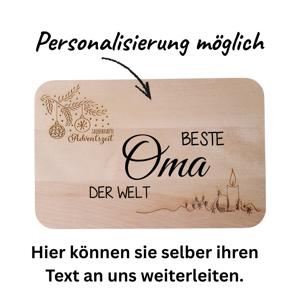 frühstücksbrett mit persönlicher wunschgravur zusätzlich sind Weihnachtsmotive kerze kugeln 