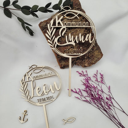 Tortenstecker Kommunion rund mit Fischen & Zweig - Funny Bake