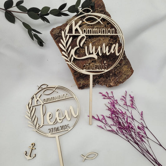 Tortenstecker Kommunion rund mit Fischen & Zweig - Funny Bake