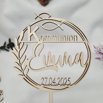 Tortenstecker Kommunion rund mit Fischen & Zweig - Funny Bake