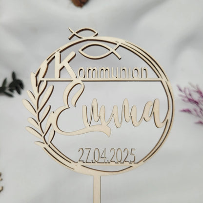 Tortenstecker Kommunion rund mit Fischen & Zweig - Funny Bake