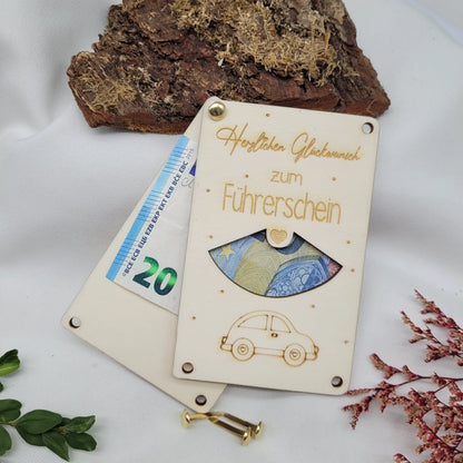 Glückwunsch-Karte-Führerschein-Geschenk-Geldkarte-Holz-Auto-Tacho