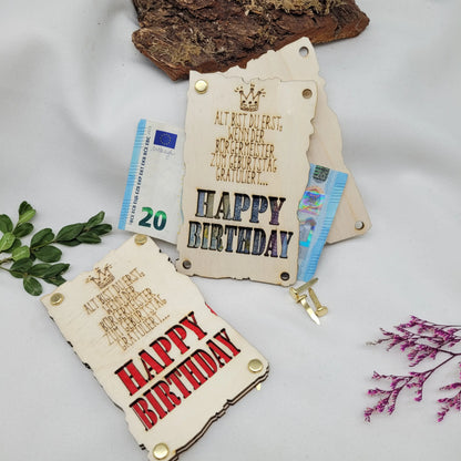 Glückwunschkarte-Holz-geldkarte-Happy-Birthdayfrech-witzig-Krone-Diva