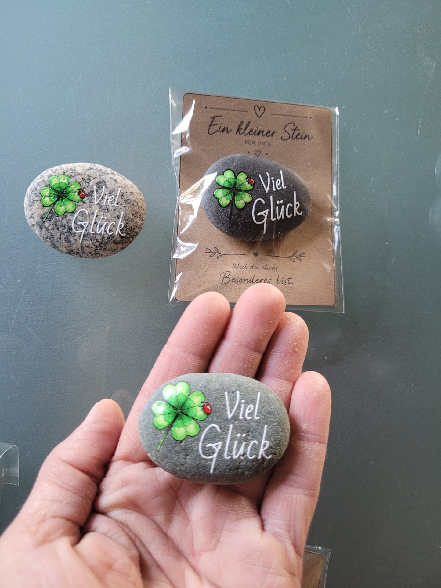 Glückstein Kleeblatt Viel Glück bemalt