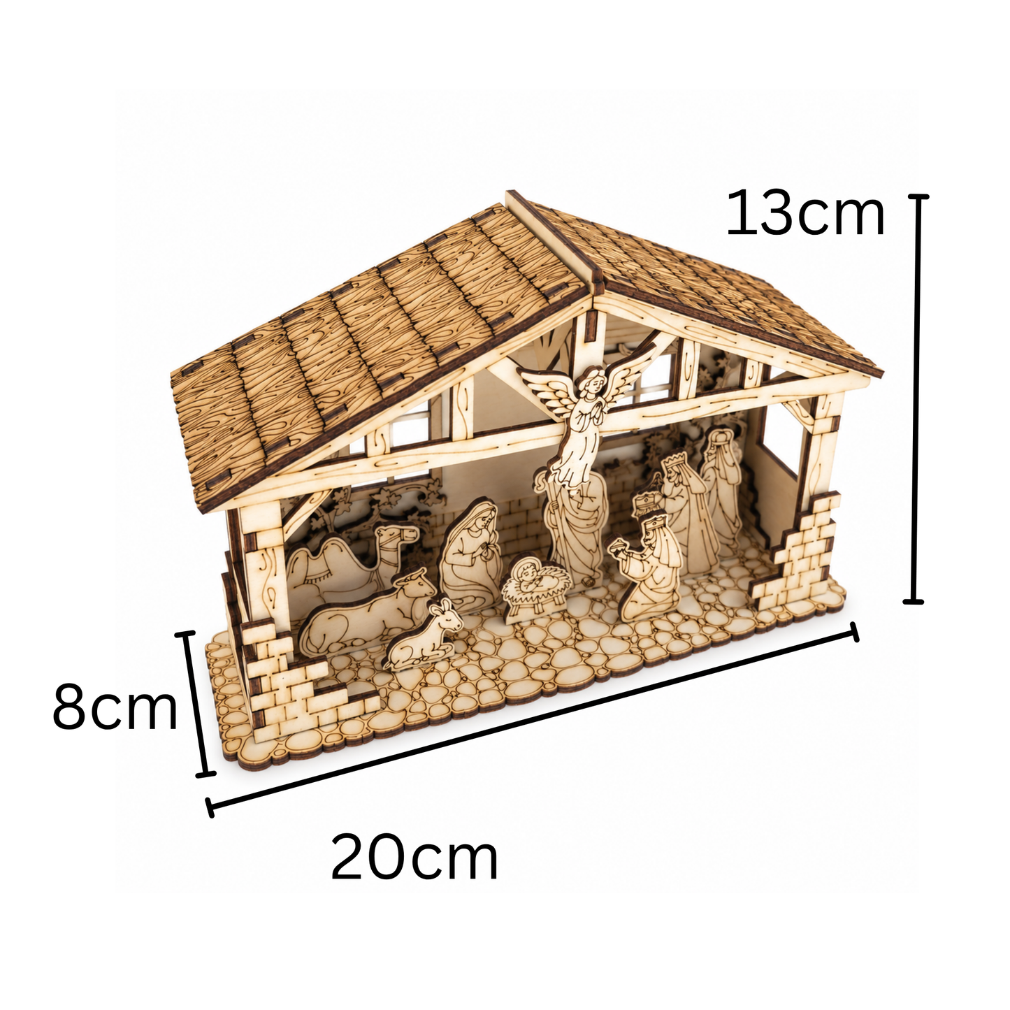 Weihnachtliche Holzkrippe aus Pinienholz – Weihnachtsdekoration mit feiner Gravur
