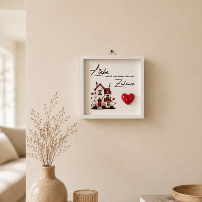 Holzbild „Liebe macht aus einem Haus ein Zuhause“ – Shabby-Deko mit 3D-Herz