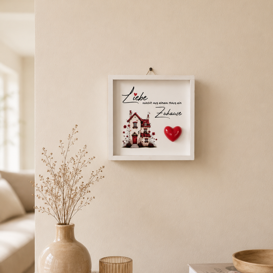 Holzbild „Liebe macht aus einem Haus ein Zuhause“ – Shabby-Deko mit 3D-Herz