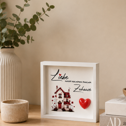 Holzbild „Liebe macht aus einem Haus ein Zuhause“ – Shabby-Deko mit 3D-Herz