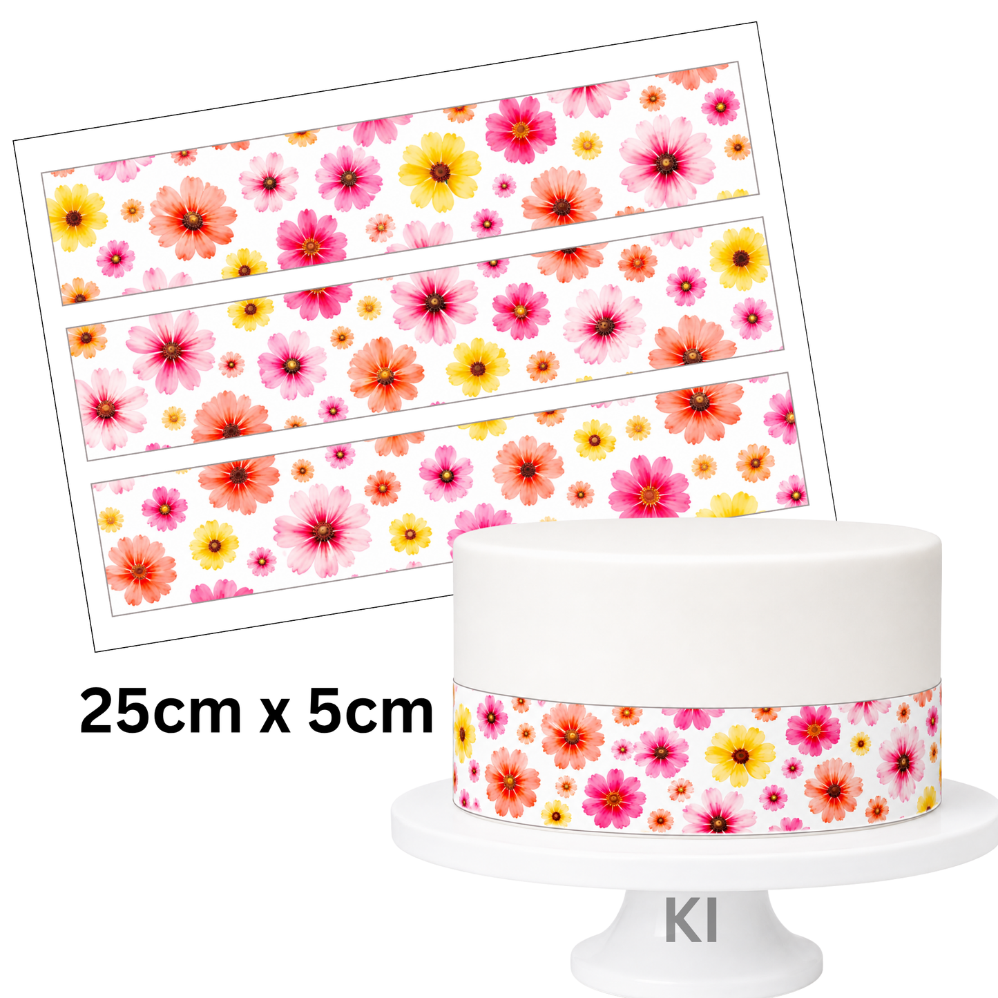 KI | Tortenband Blumen Sommer Flower Power – 3 Streifen essbares Zuckerpapier, 25x5 cm, auf weißer Torte
