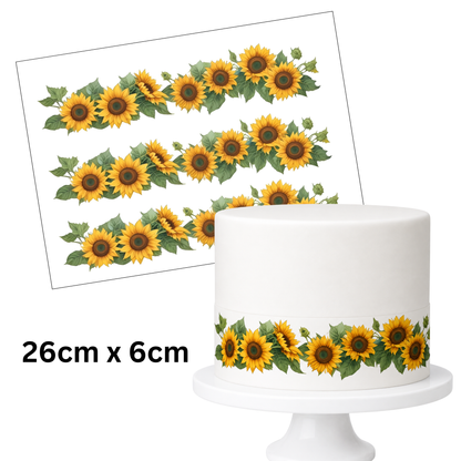 Tortenband Sonnenblumen mit Grün – essbare Tortendekoration