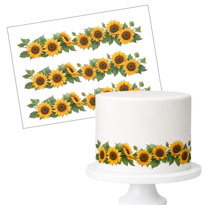 Tortenband Sonnenblumen mit Grün – essbare Tortendekoration