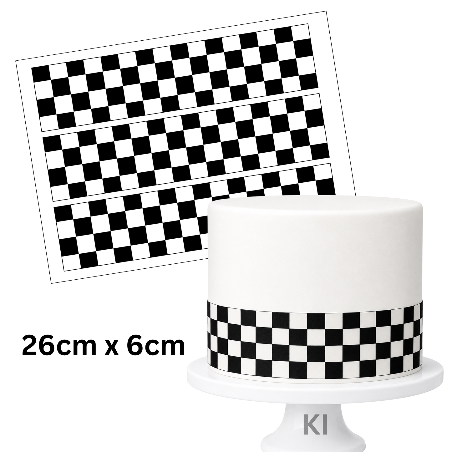 Tortenband Schachbrett schwarz-weiß Rennstrecke – 3 Streifen essbares Zuckerpapier, Produktbild mit Maßangabe 26x6 cm, KI-Bild