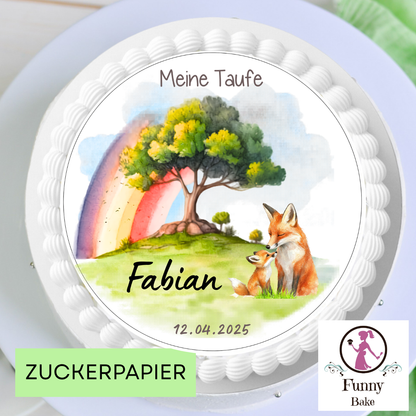Tortenaufleger Taufe – Baum & Fuchs mit Regenbogen, personalisiert