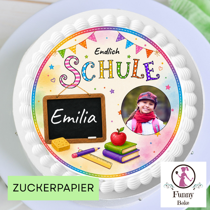 Tortenaufleger Einschulung bunt mit Foto personalisiert – Endlich Schule