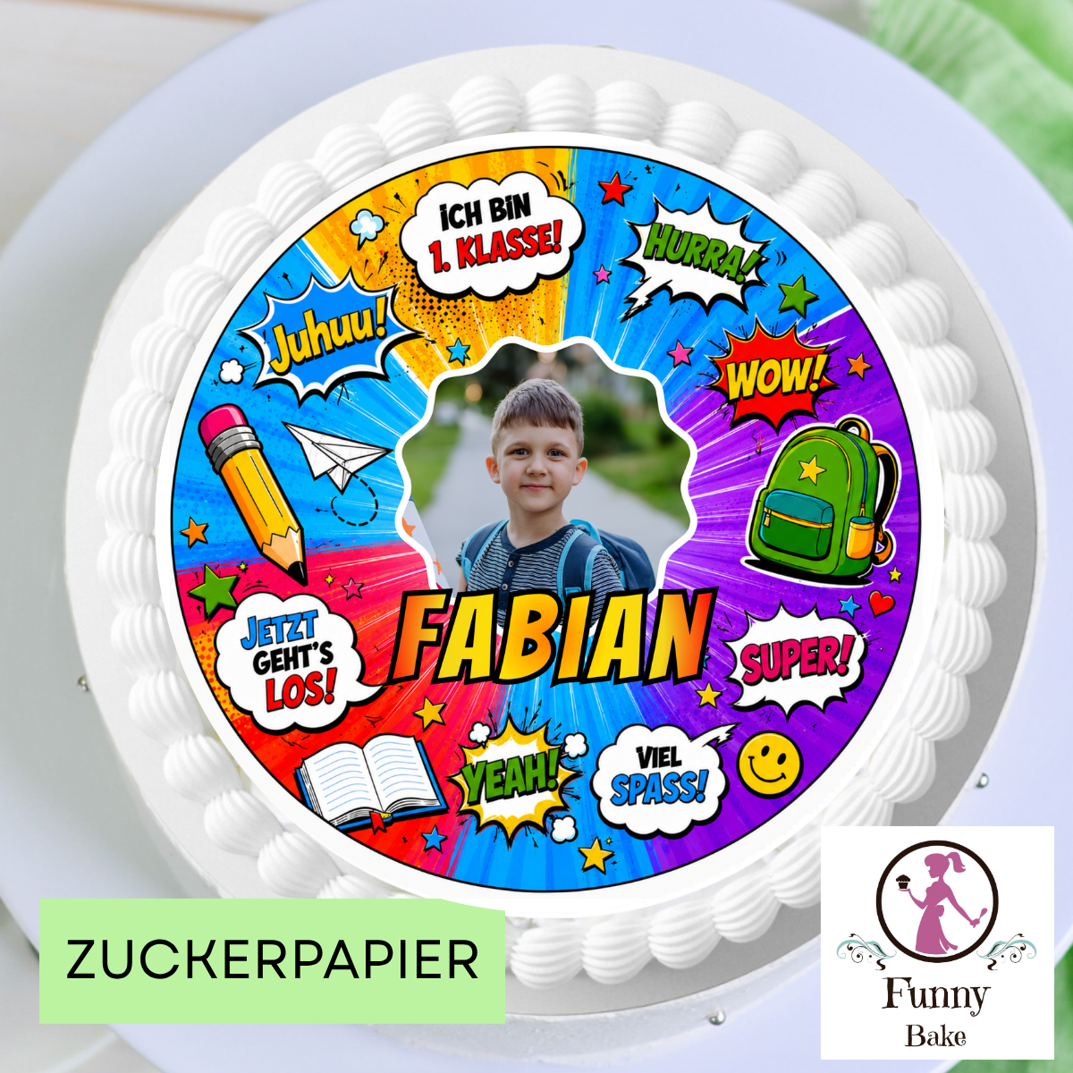 Tortenaufleger Einschulung personalisiert mit Foto & Name – Comic-Design, essbar, handgemacht
