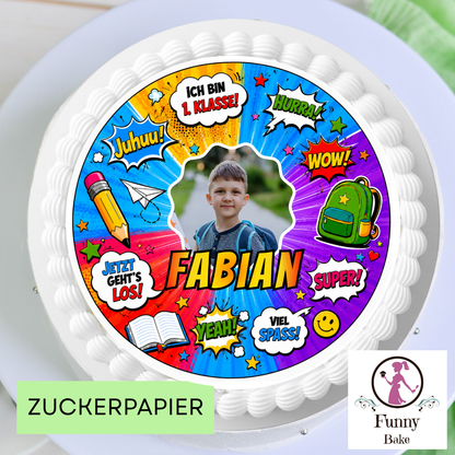 Tortenaufleger Einschulung personalisiert mit Foto & Name – Comic-Design, essbar, handgemacht