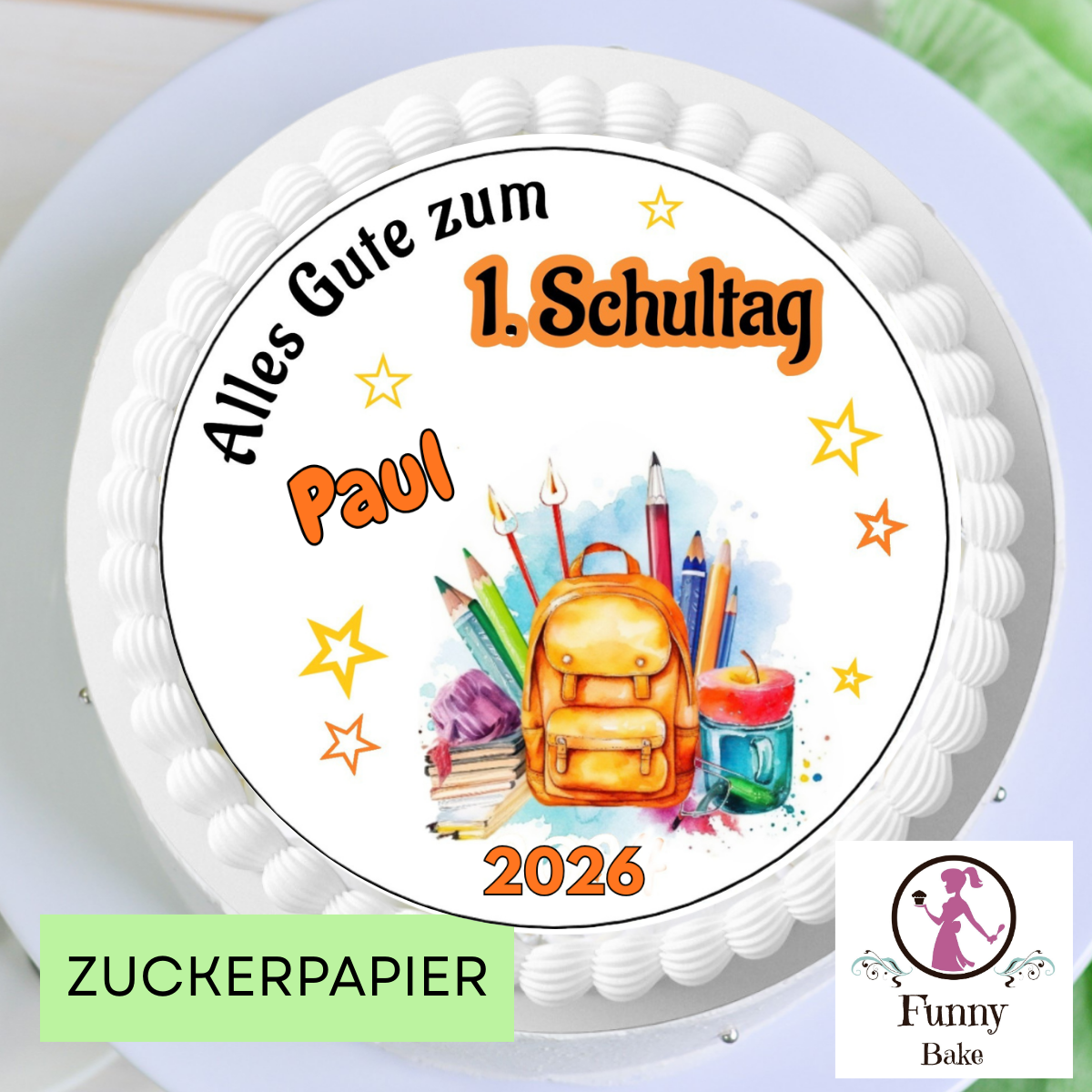 Tortenaufleger Einschulung mit Name orangetöne