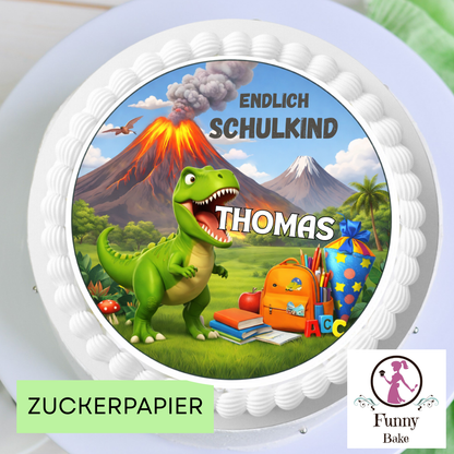 Tortenaufleger „Endlich Schulkind“ – Dino (T-rex) – personalisiert mit Name