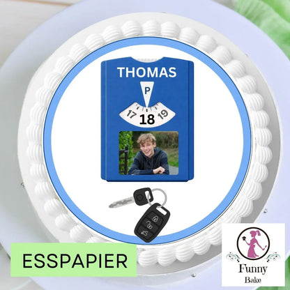 Tortenaufleger Volljährig – 18. Geburtstag Führerschein blau mit Foto Parkscheibe Funnybake-Backzubehör