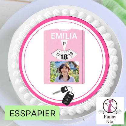 Tortenaufleger Volljährig – 18. Geburtstag Führerschein rosa mit Foto Funnybake-Backzubehör