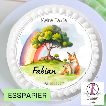 Tortenaufleger Taufe – Baum & Fuchs mit Regenbogen, personalisiert