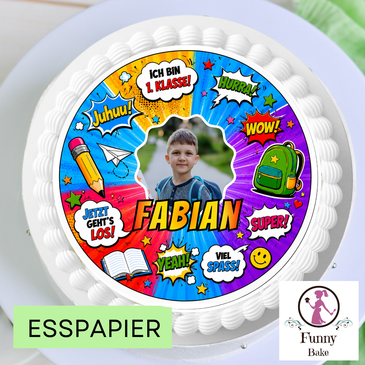 Tortenaufleger Einschulung personalisiert mit Foto & Name – Comic-Design, essbar, handgemacht