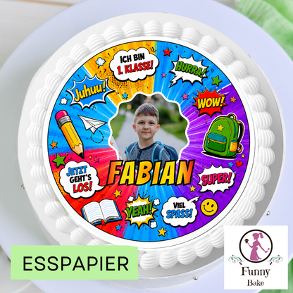 Tortenaufleger Einschulung personalisiert mit Foto & Name – Comic-Design, essbar, handgemacht