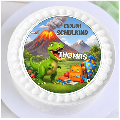 Tortenaufleger „Endlich Schulkind“ – Dino (T-rex) – personalisiert mit Name