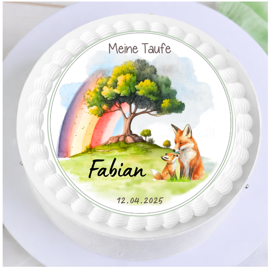 Tortenaufleger Taufe – Baum & Fuchs mit Regenbogen, personalisiert