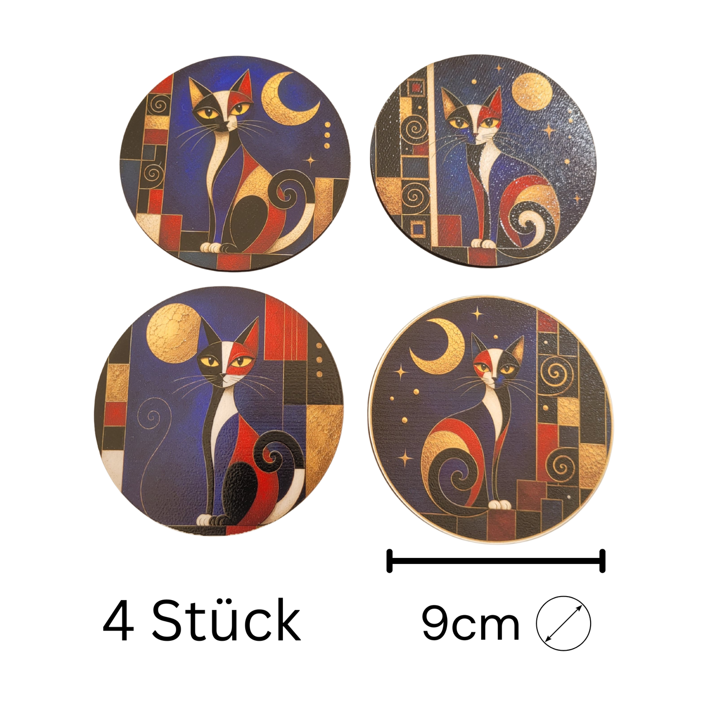 Holztablett-Set mit 4 Untersetzern - Katzenmotiv Moderne Kunst | Handmade