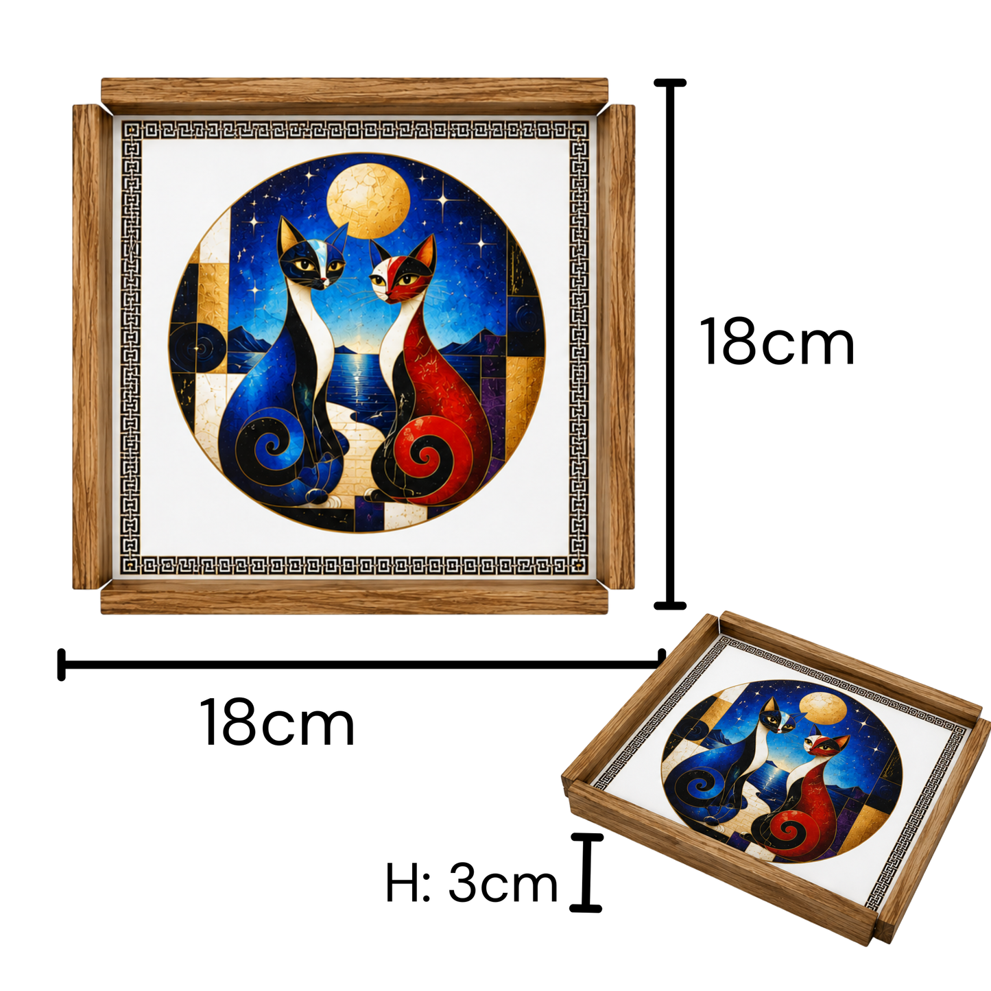 Holztablett-Set mit 4 Untersetzern - Katzenmotiv Moderne Kunst | Handmade