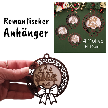 Personalisierter Holzanhänger mit Namensgravur, 2-schichtiges Design mit hellem Innenkreis und dunklem Rahmen, 4 Motive zur Auswahl – Weihnachtsdeko aus Holz mit Gravur