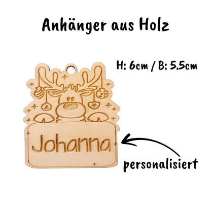 Personalisierter Holzanhänger Weihnachten – Rentier mit Namensgravur - Funny Bake