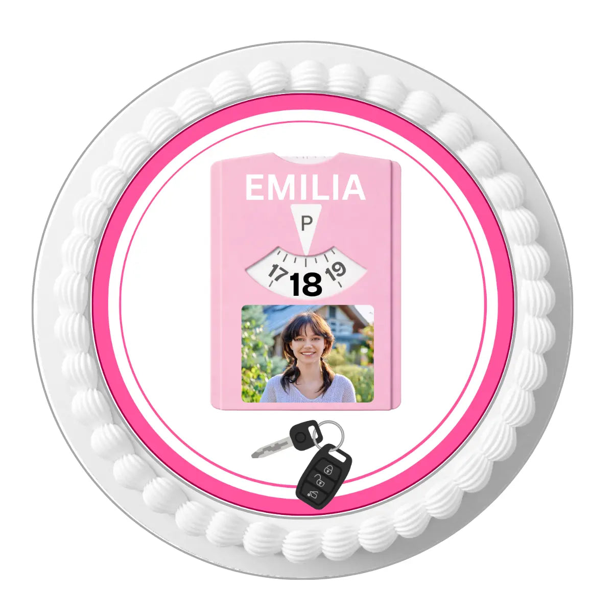 Tortenaufleger Volljährig – 18. Geburtstag Führerschein rosa mit Foto Funnybake-Backzubehör