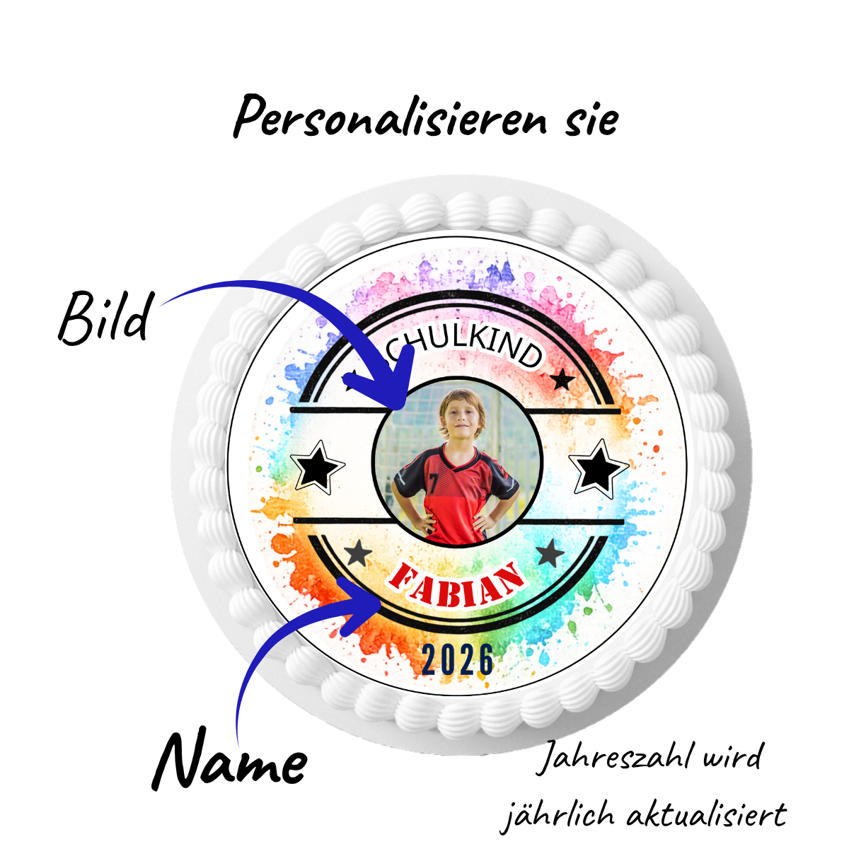 Tortenaufleger Einschulung bunt personalisiert mit Foto & Name