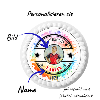 Tortenaufleger Einschulung bunt personalisiert mit Foto & Name
