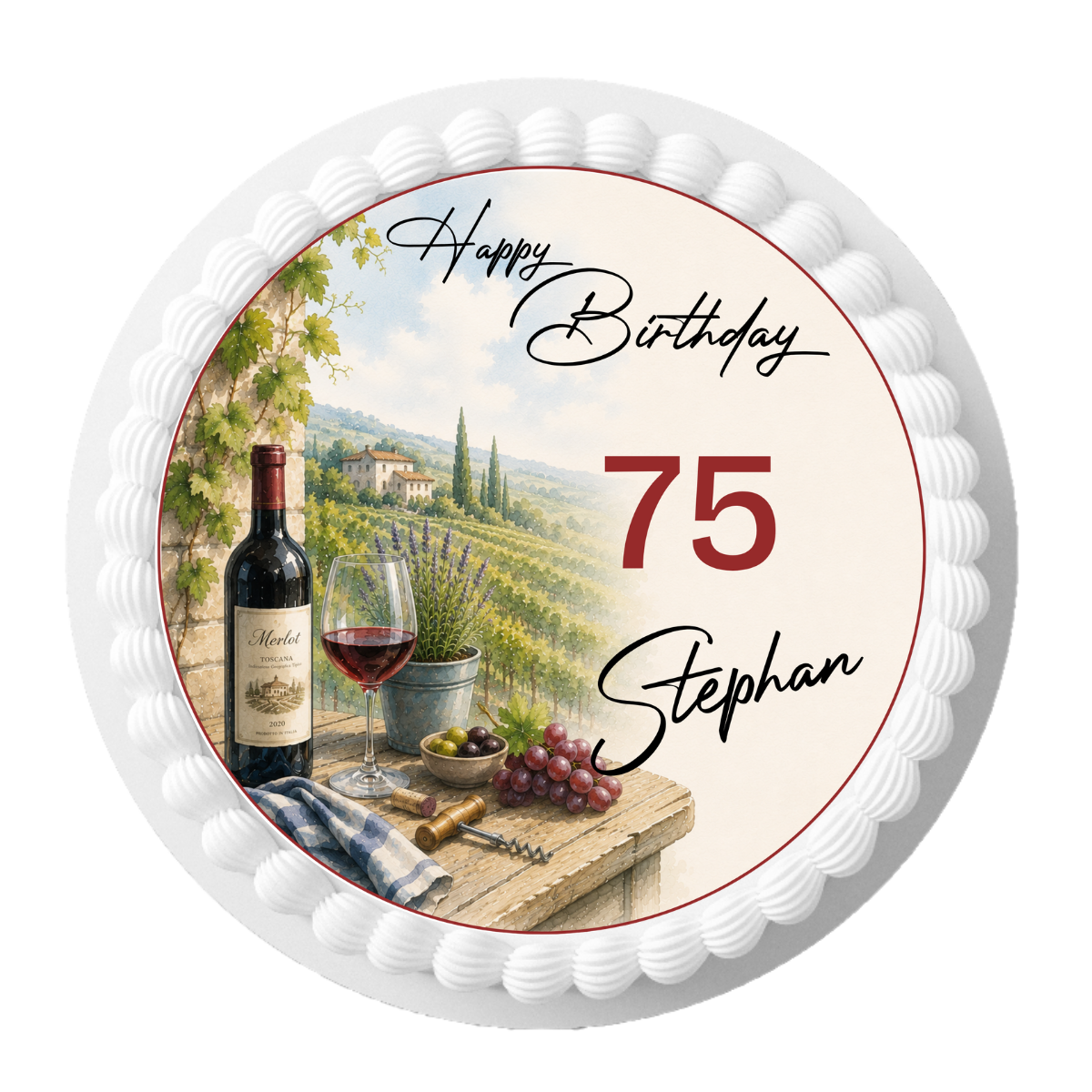 Tortenaufleger Happy Birthday Mann – Wein & Weinberg, personalisiert, essbar