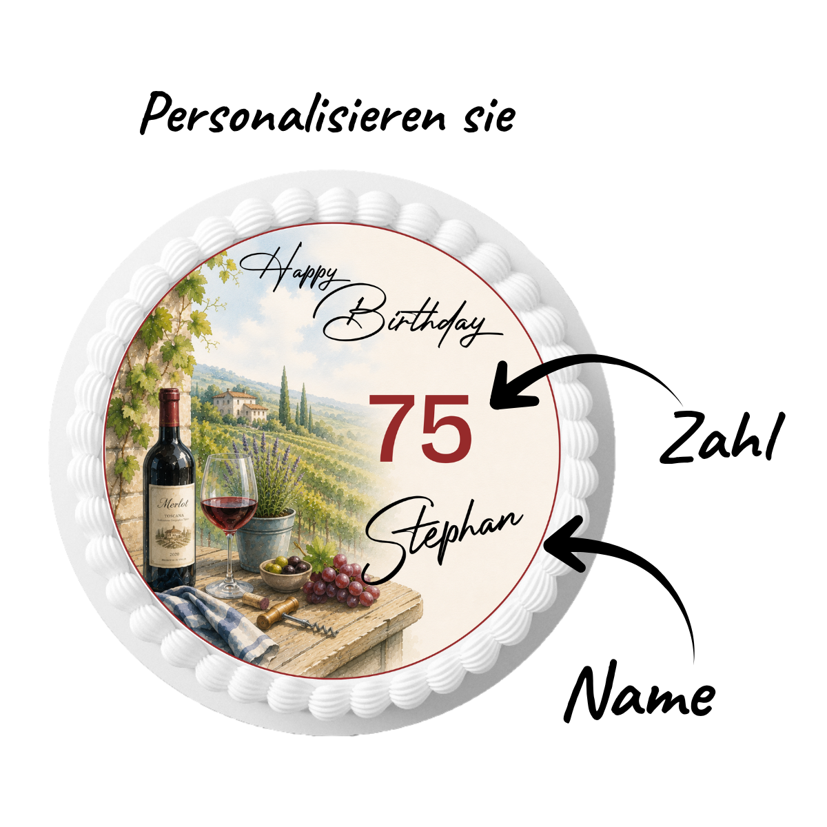 Tortenaufleger Happy Birthday Mann – Wein & Weinberg, personalisiert, essbar