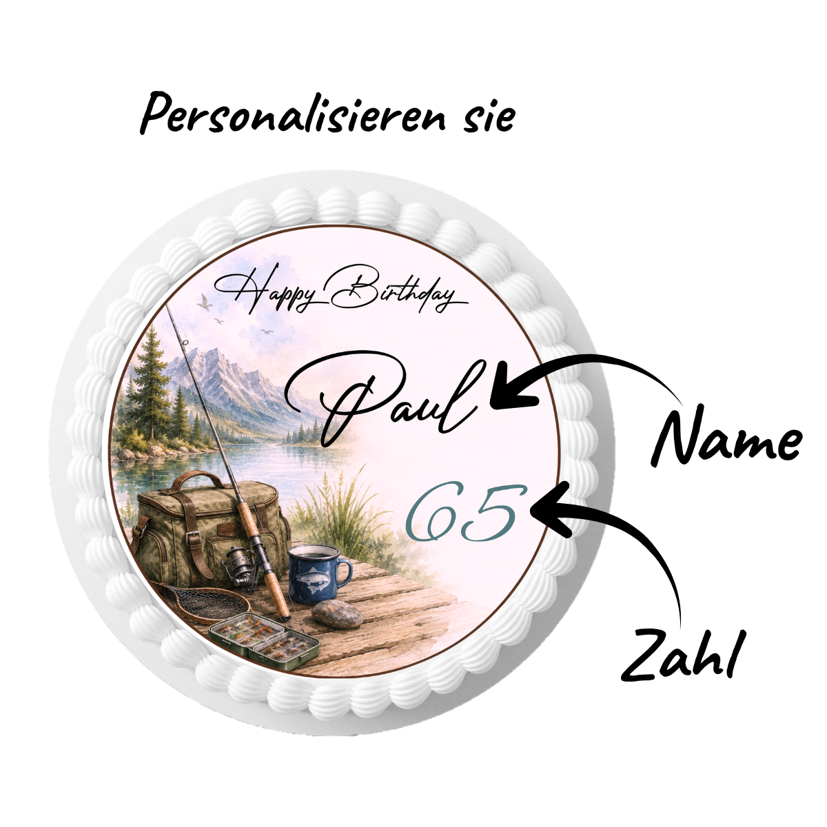 Tortenaufleger Happy Birthday Angler – personalisiert mit Name & Zahl