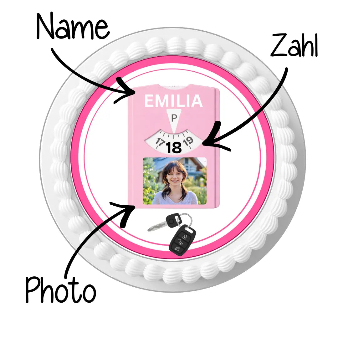 Tortenaufleger Volljährig – 18. Geburtstag Führerschein rosa mit Foto Funnybake-Backzubehör