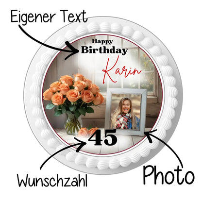 Tortenaufleger Blumenstrauss mit Foto – personalisiert mit Bild & Wunschtext Funny Bake