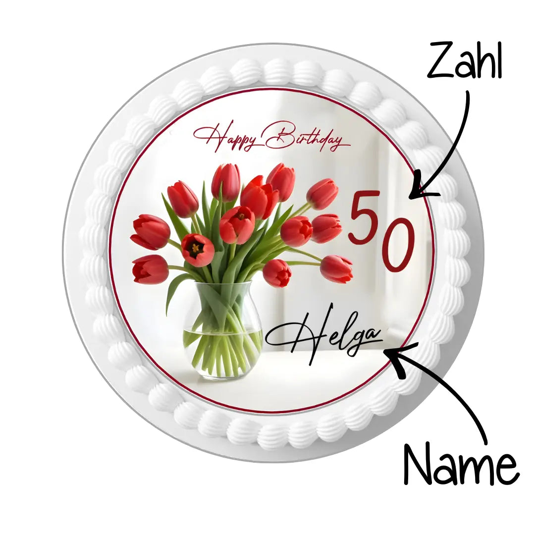 Tortenaufleger Tulpenstrauß – personalisiert mit Name & Wunschzahl Funnybake