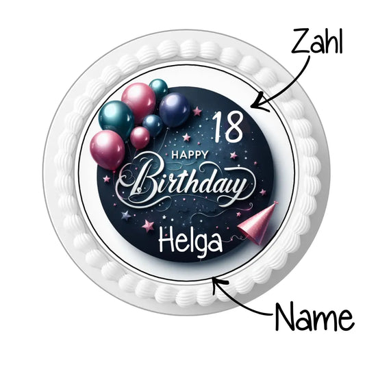 Tortenaufleger Happy Birthday Ballons – personalisiert mit Name & Wunschzahl Funny Bake